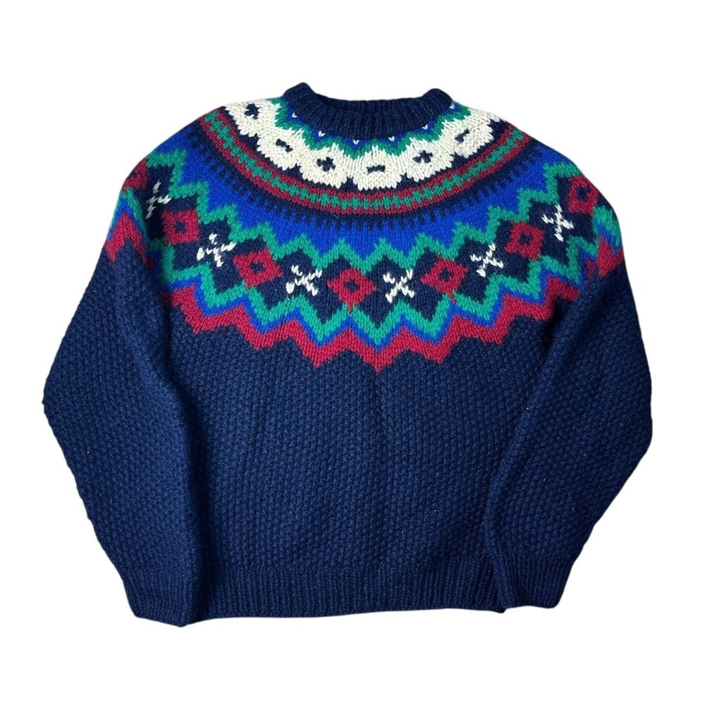 Vintage 60s 70s Woolrich Woman Navy Nordic Fair Isle Chunky Wool Sweater Size S